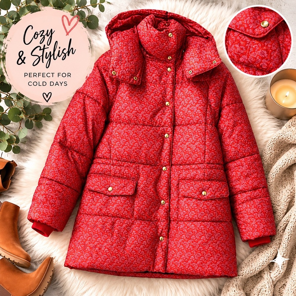 NWT J Crew Chateau Puffer Coat Small Red Liberty Toutouayette Print Hood Pockets